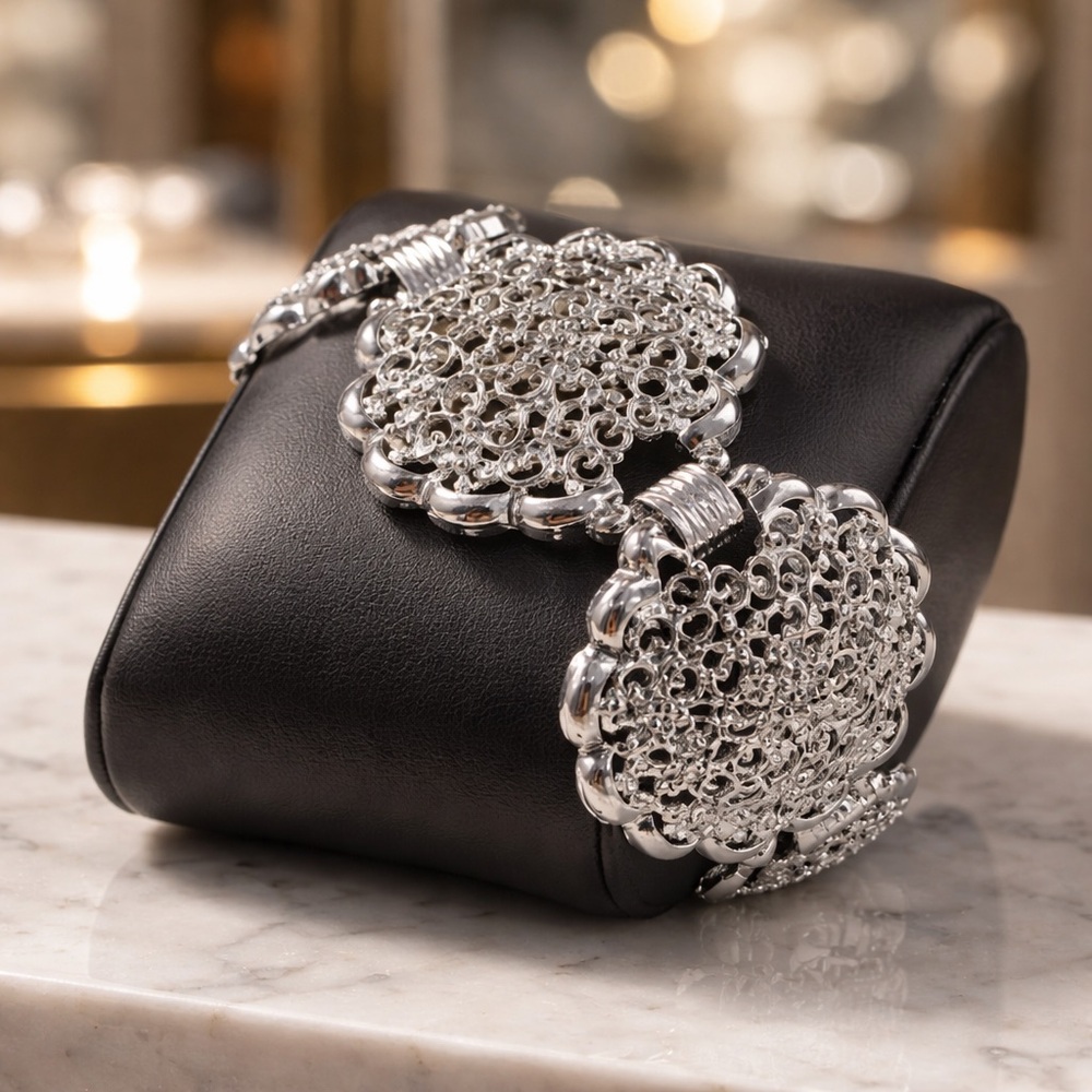 Vintage Celebrity Lacey Filigree Silver Toned Bracelet